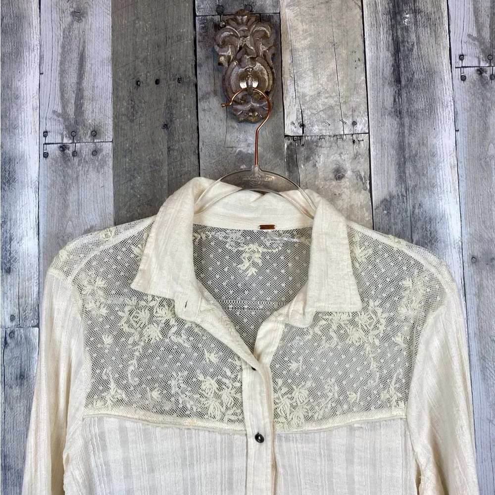 Free People Saddle Up Lace Yolk Button Up Shirt in Cream Size Medium.